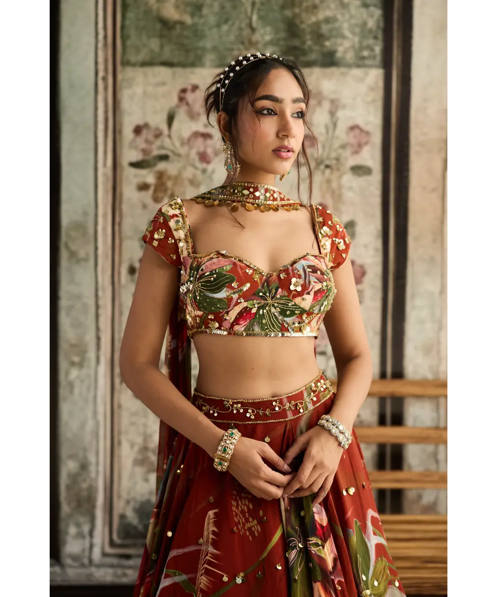 DIYARAJVVIR - Rust Floral Print and Highlighted Lehenga Set